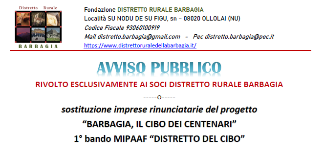 AVVISO PUBBLICO – RIVOLTO ESCLUSIVAMENTE AI SOCI DISTRETTO RURALE BARBAGIA